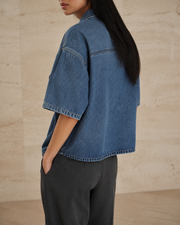 Blue Route Denim Shirt in Jeans Blue seated view