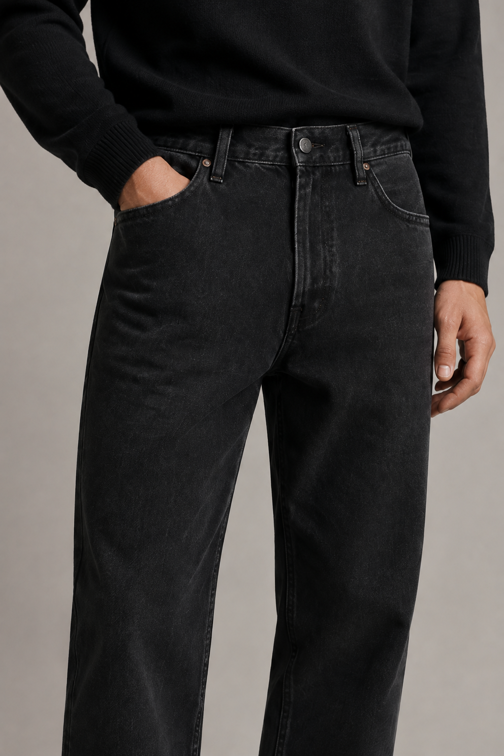 Drift Straight Jeans in Washed Black denim detail