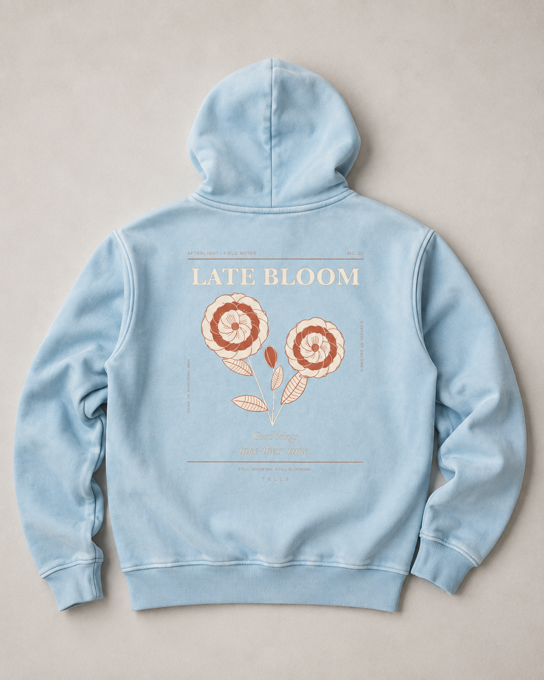 Flat lay studio view of the TELLS Late Bloom Poster Hoodie in Lake Blue showing the complete back artwork.