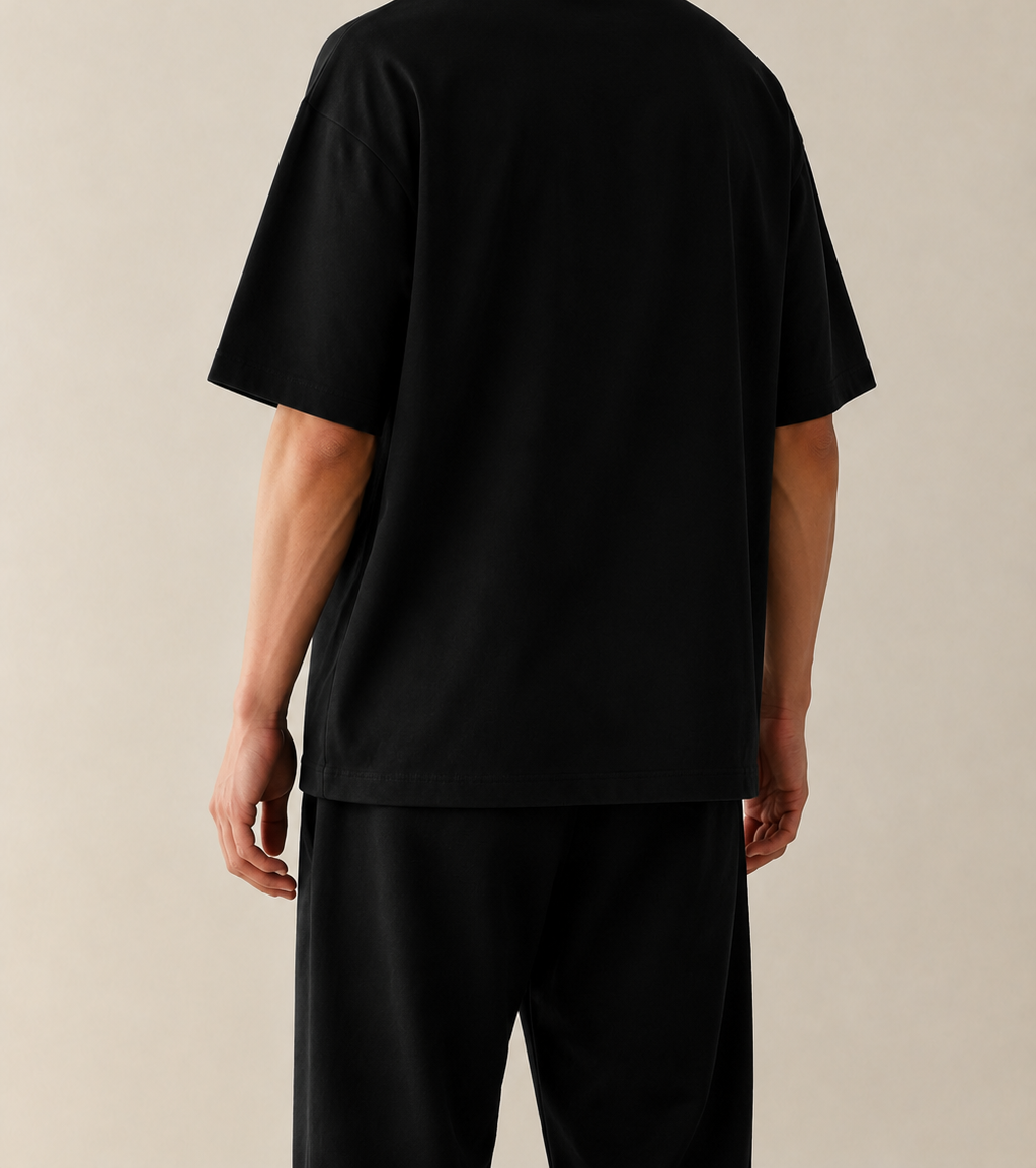 Men’s TELLS Heavyweight Black Oversized T-Shirt — cropped below face