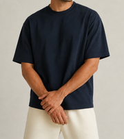 Men’s TELLS Heavyweight Navy Oversized T-Shirt — cropped below face
