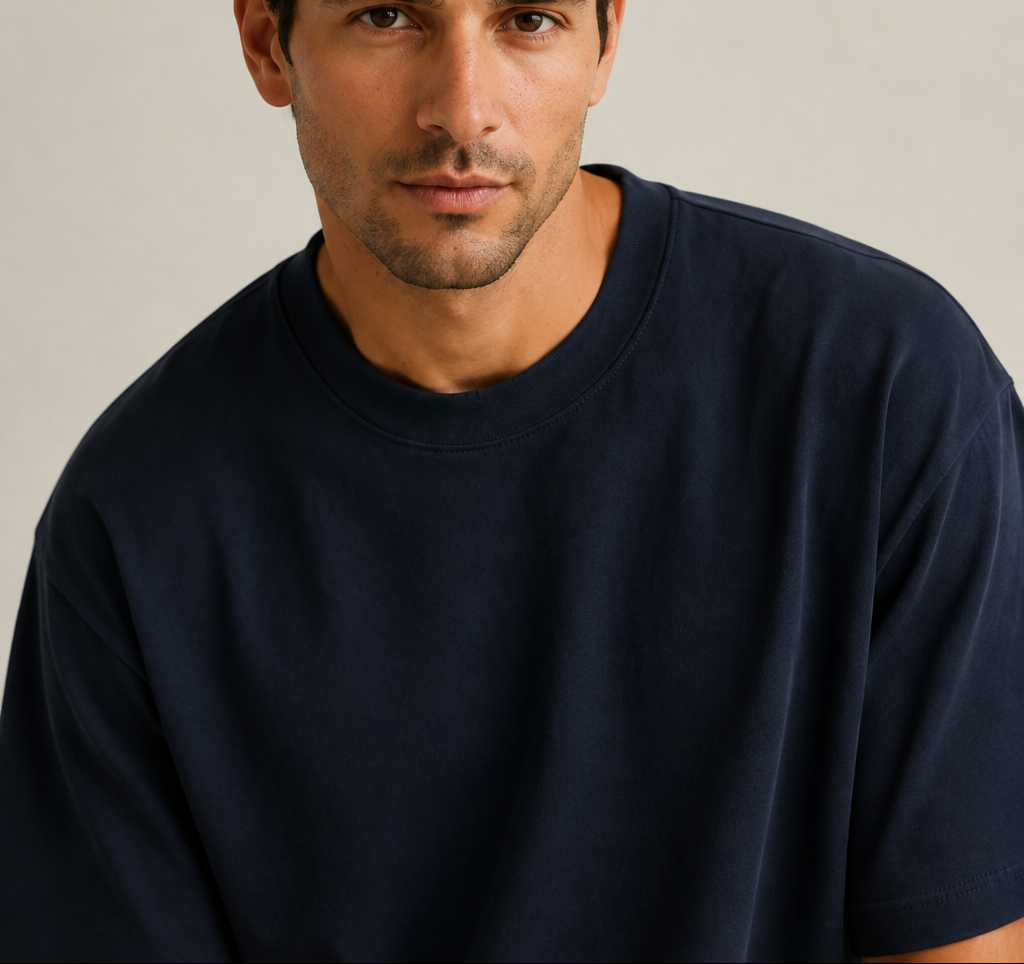 Men’s TELLS Heavyweight Navy Oversized T-Shirt — cropped below face