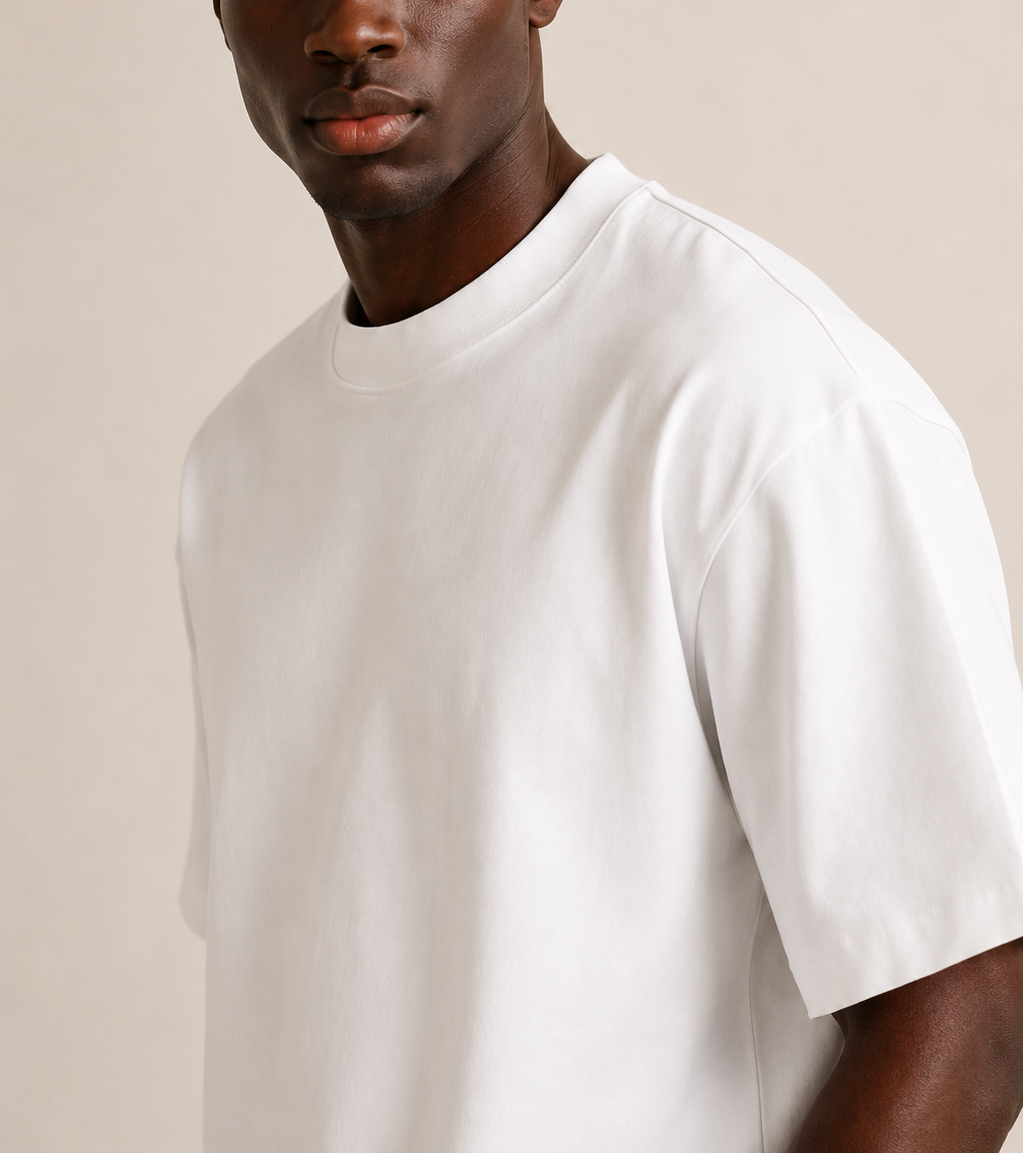 Men’s TELLS Heavyweight White Oversized T-Shirt — cropped below face