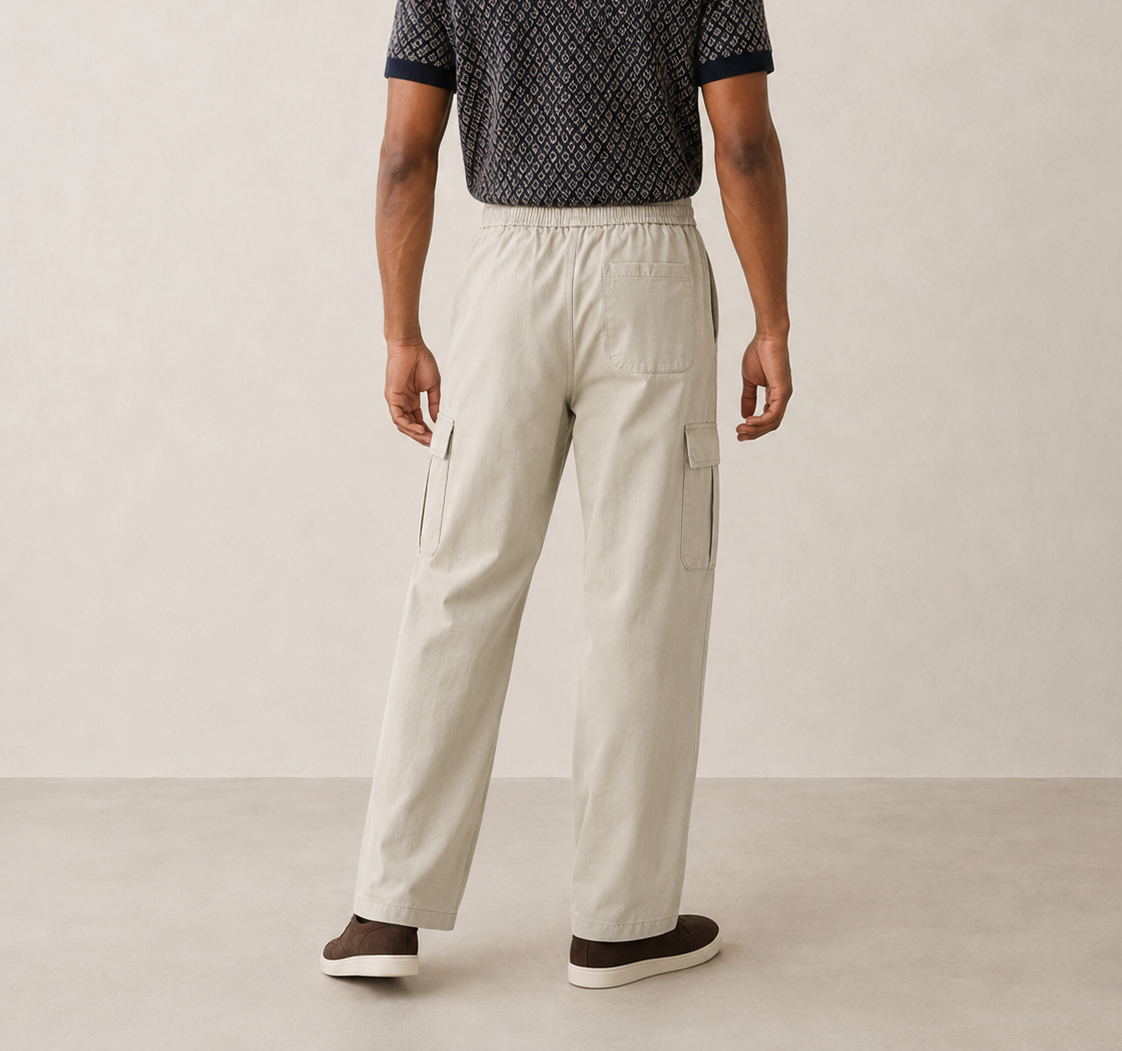 Men’s TELLS Straight-Leg Beige Cargo Pants — cropped below face