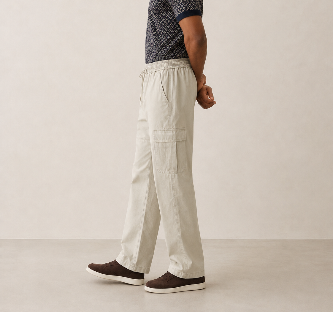 Men’s TELLS Straight-Leg Beige Cargo Pants — cropped below face