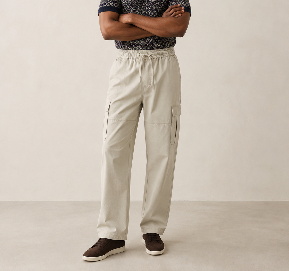 Men’s TELLS Straight-Leg Beige Cargo Pants — cropped below face