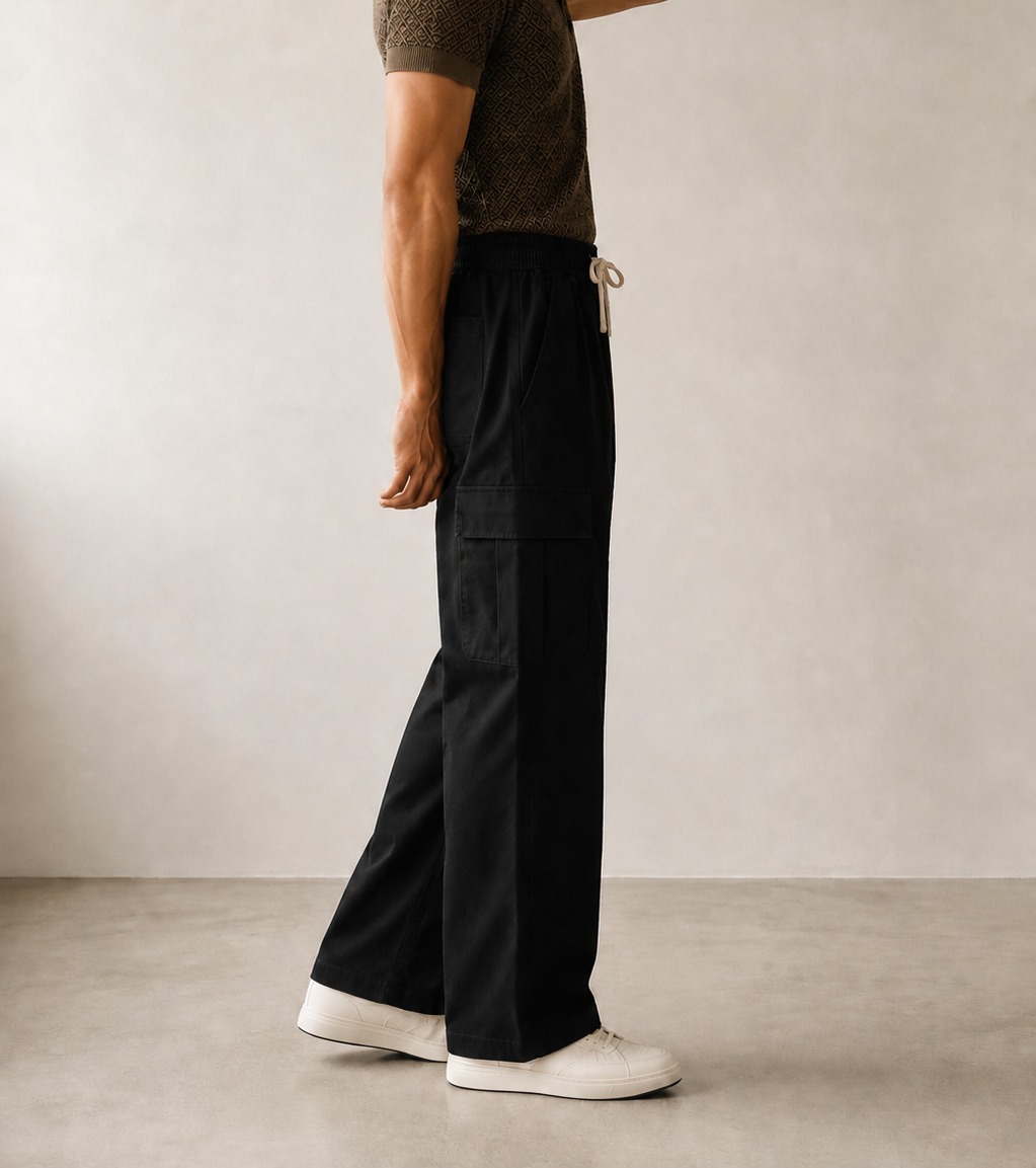 Men’s TELLS Straight-Leg Black Cargo Pants — cropped below face
