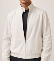 Men Stand Collar Bomber Beige Jacket — cropped below face