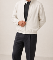Men Stand Collar Bomber Beige Jacket — cropped below face