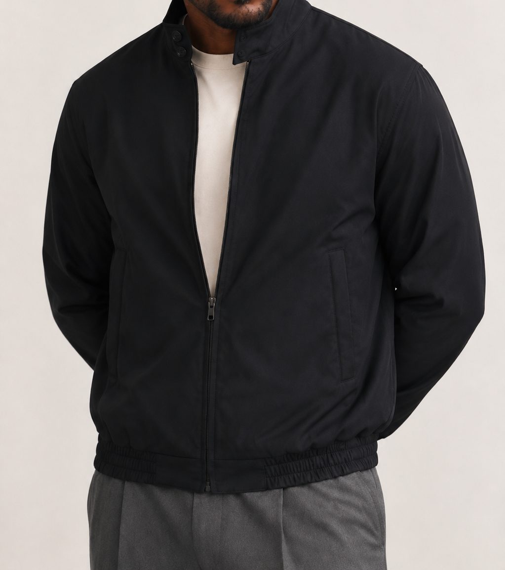 Men Stand Collar Bomber Black Jacket — cropped below face