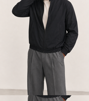 Men Stand Collar Bomber Black Jacket — cropped below face