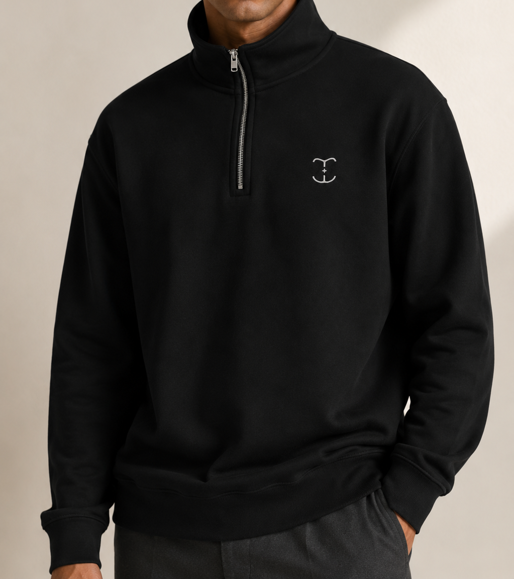 Men's Signature Quarter-Zip Black Sweatshirt — cropped below face