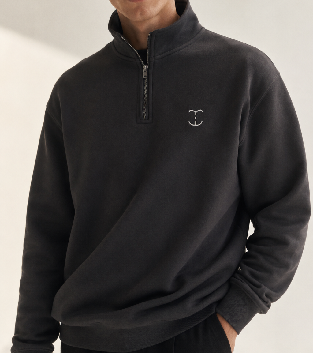 Men's Signature Quarter-Zip Dark Gray Sweatshirt — cropped below face