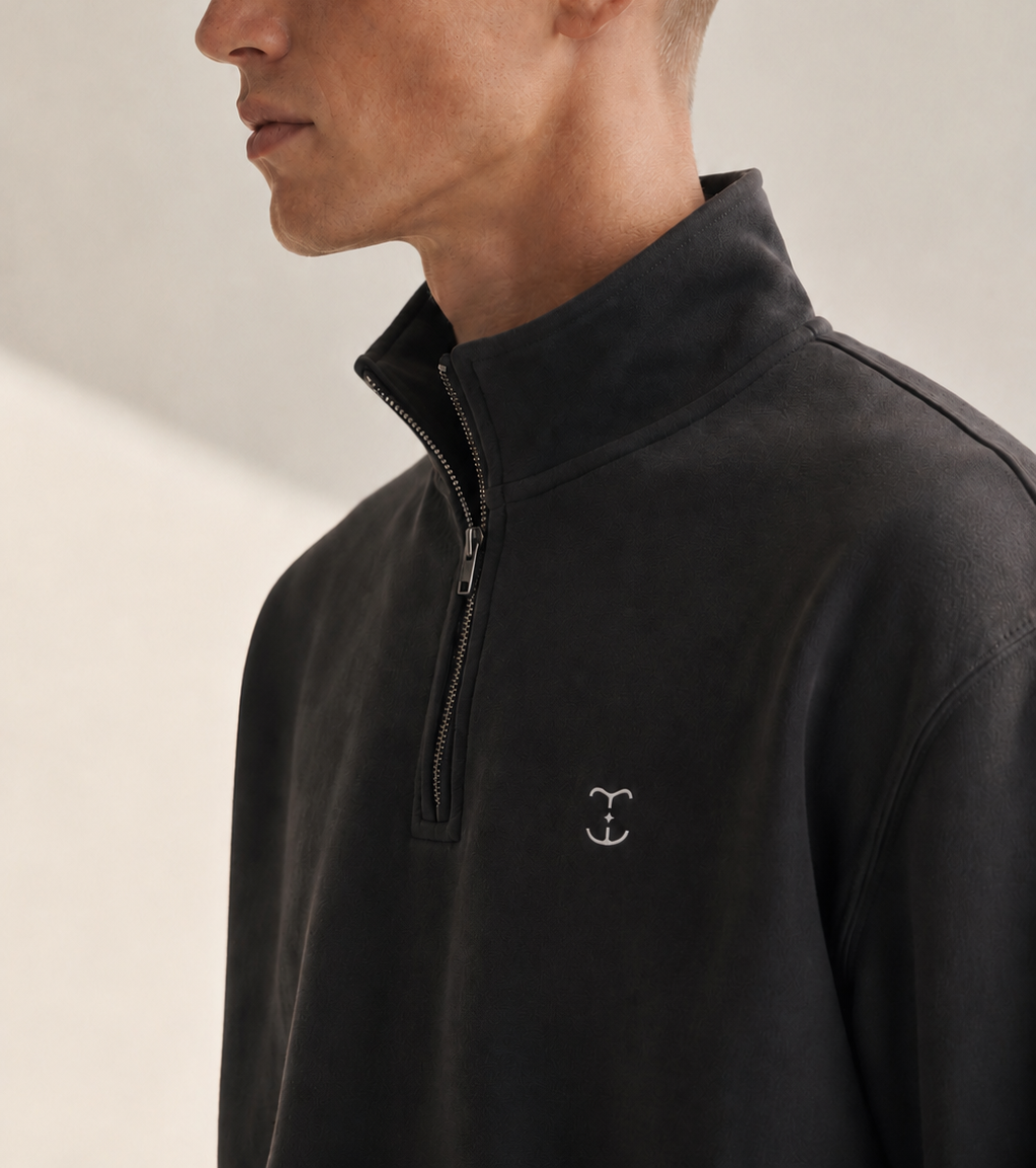 Men's Signature Quarter-Zip Dark Gray Sweatshirt — cropped below face