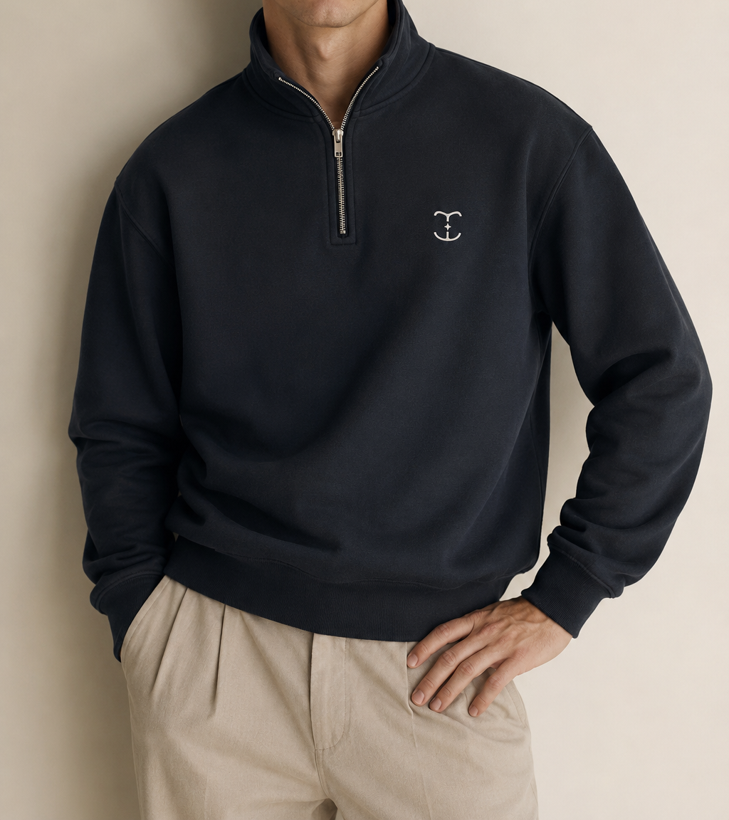 Men's Signature Quarter-Zip Navy Sweatshirt — cropped below face