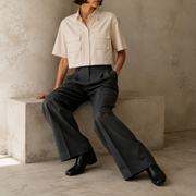Soft Mark Crop Shirt in Apricot seated view