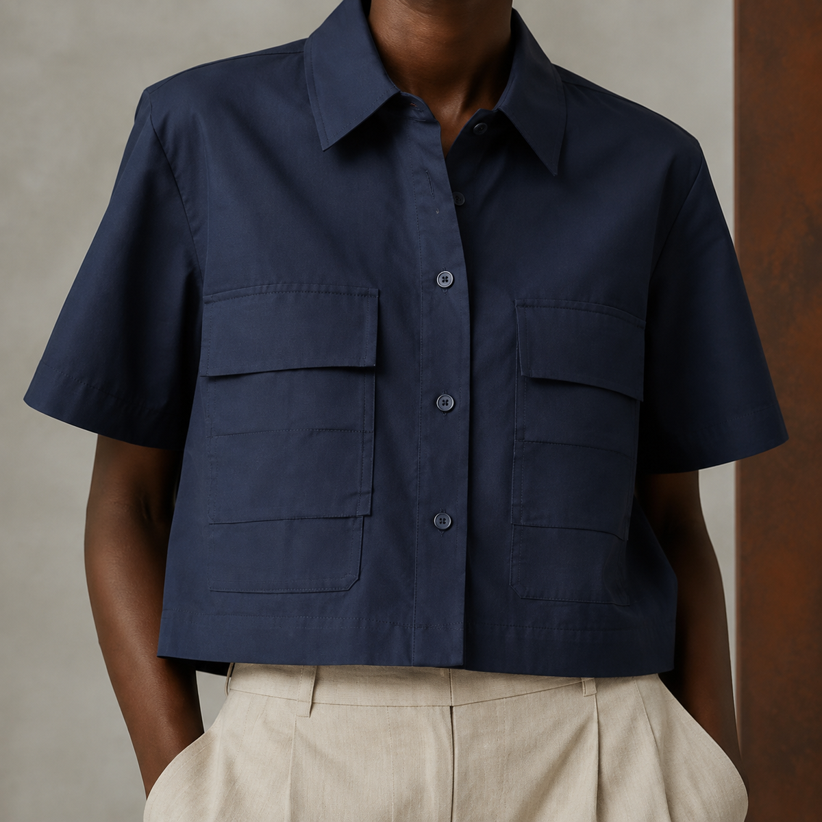 Soft Mark Crop Shirt in Navy Blue detail view