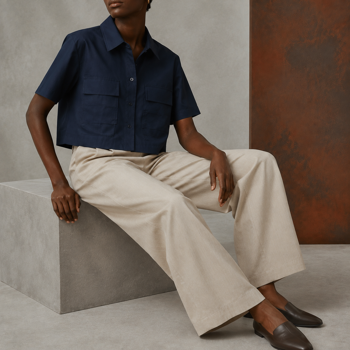 Soft Mark Crop Shirt in Navy Blue seated view