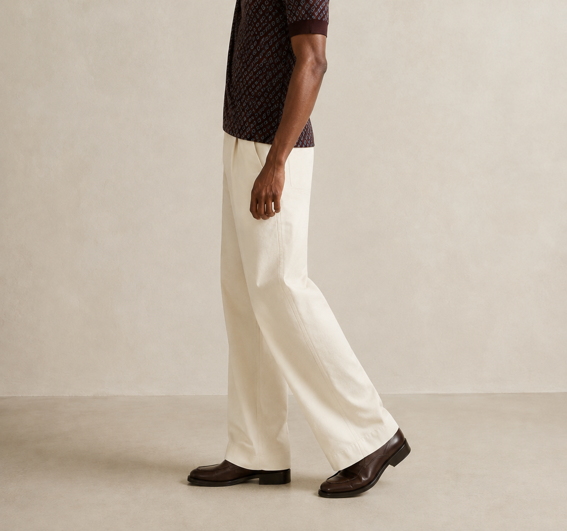TELLS Adjustable Waist Wide-Leg Beige Trousers — cropped below face