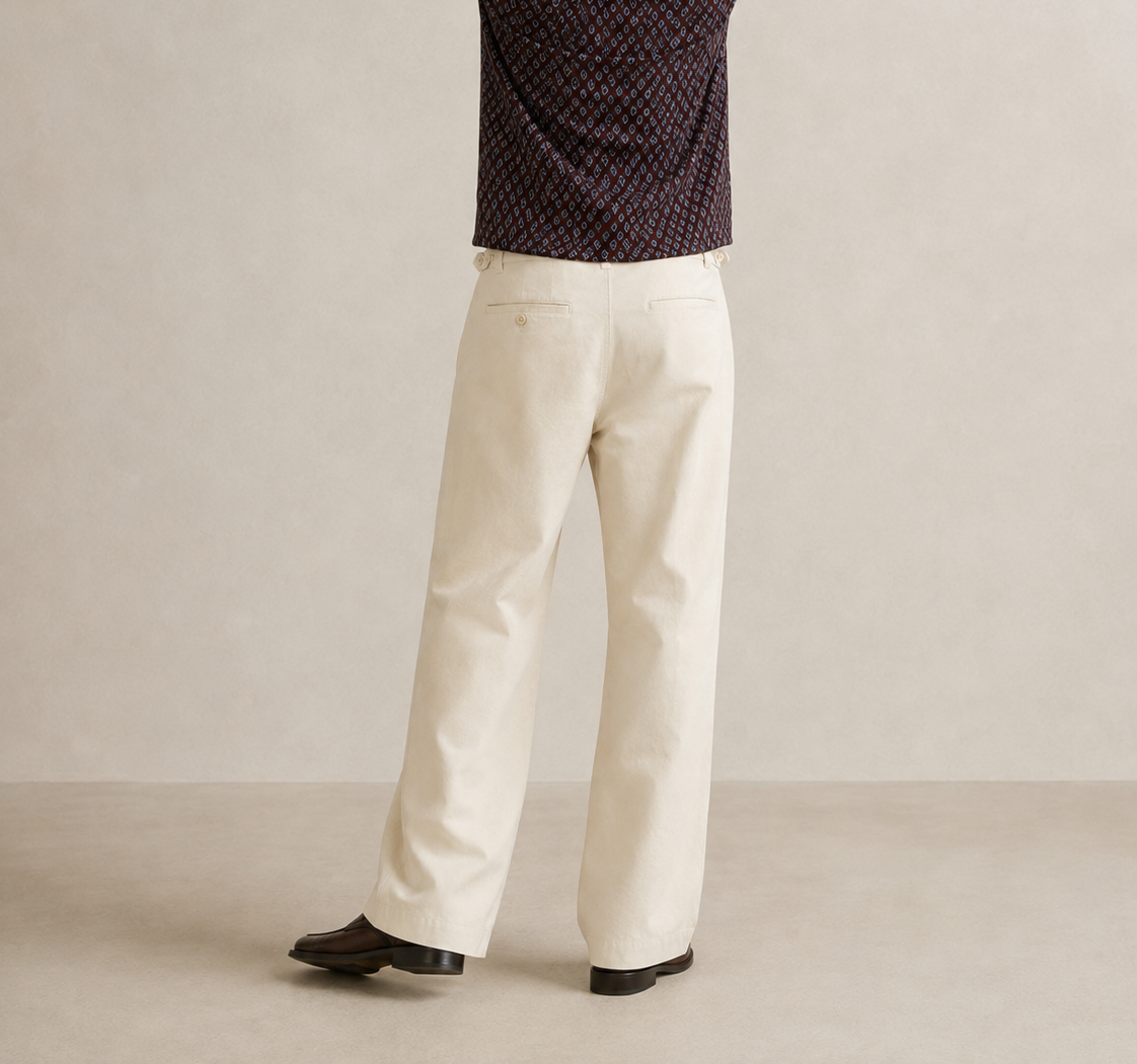 TELLS Adjustable Waist Wide-Leg Beige Trousers — cropped below face
