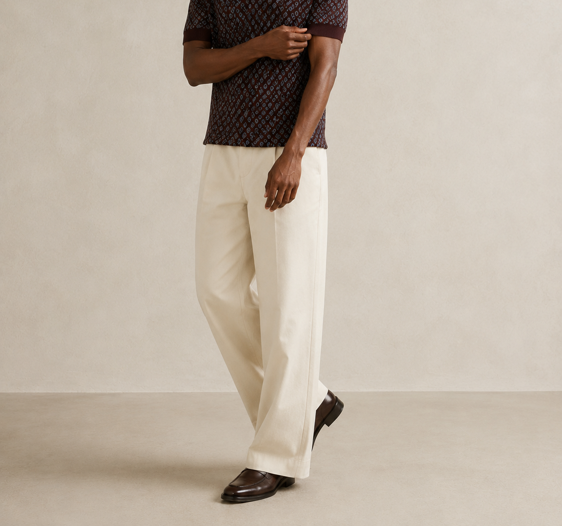 TELLS Adjustable Waist Wide-Leg Beige Trousers — cropped below face