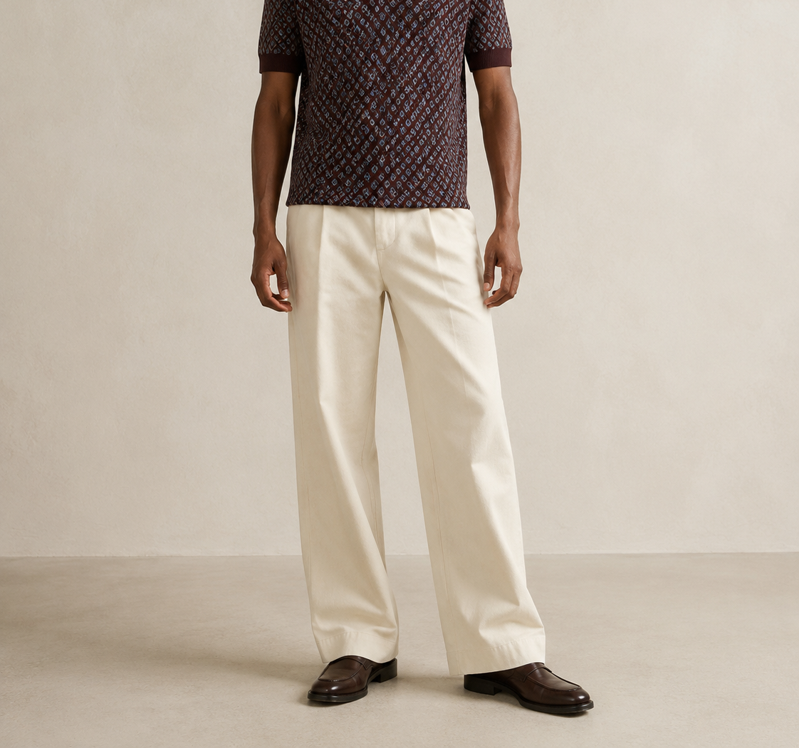 TELLS Adjustable Waist Wide-Leg Beige Trousers — cropped below face