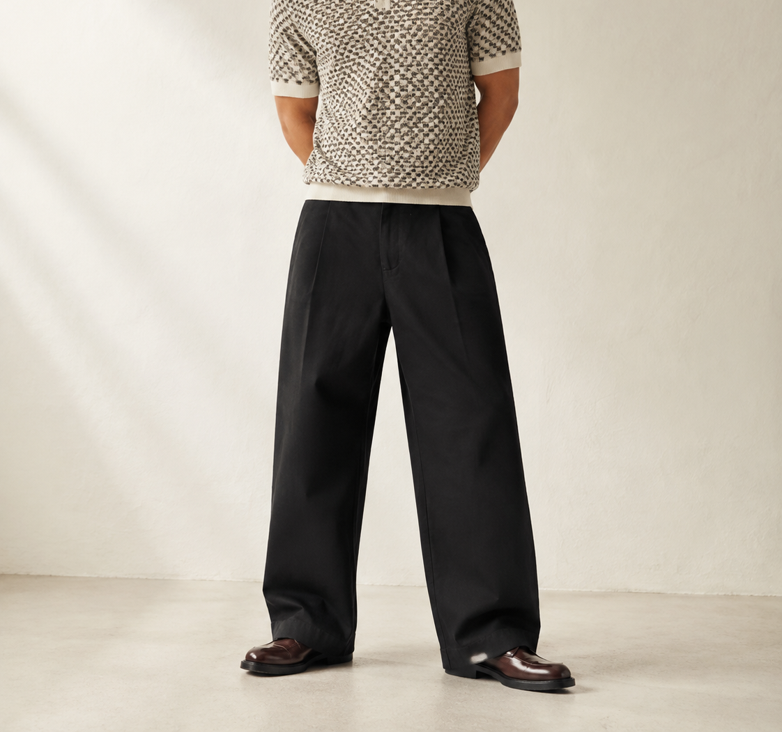 TELLS Adjustable Waist Wide-Leg Black Trousers — cropped below face