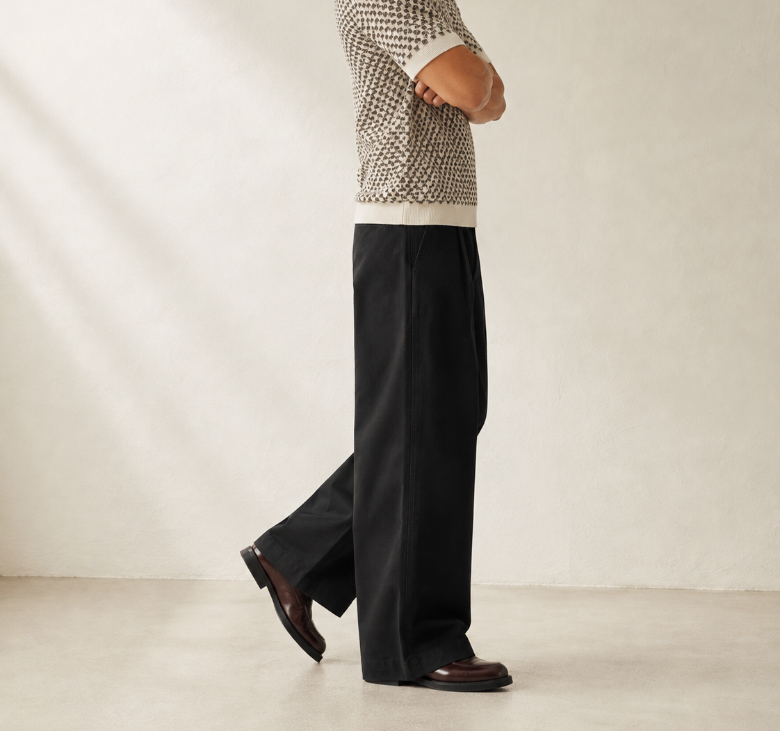 TELLS Adjustable Waist Wide-Leg Black Trousers — cropped below face