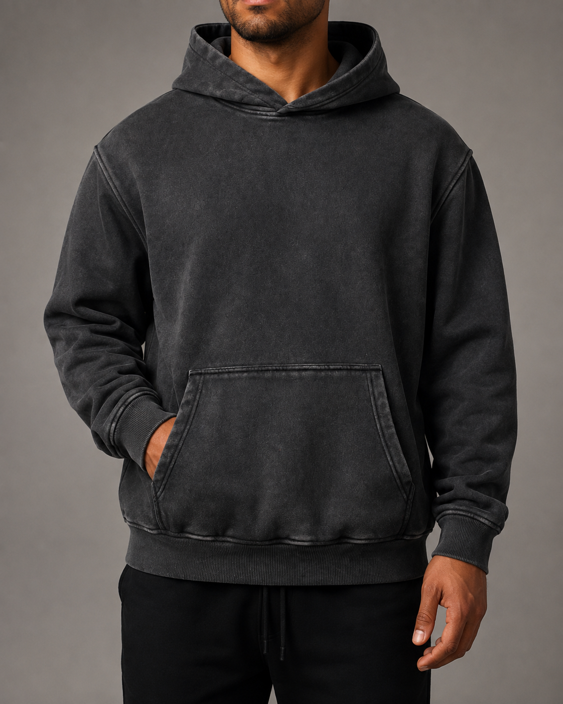 TELLS Afterglow Poster Hoodie in Black, plain front studio model view