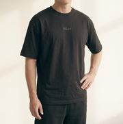 TELLS Embroidered Oversized Black T-Shirt — cropped below face