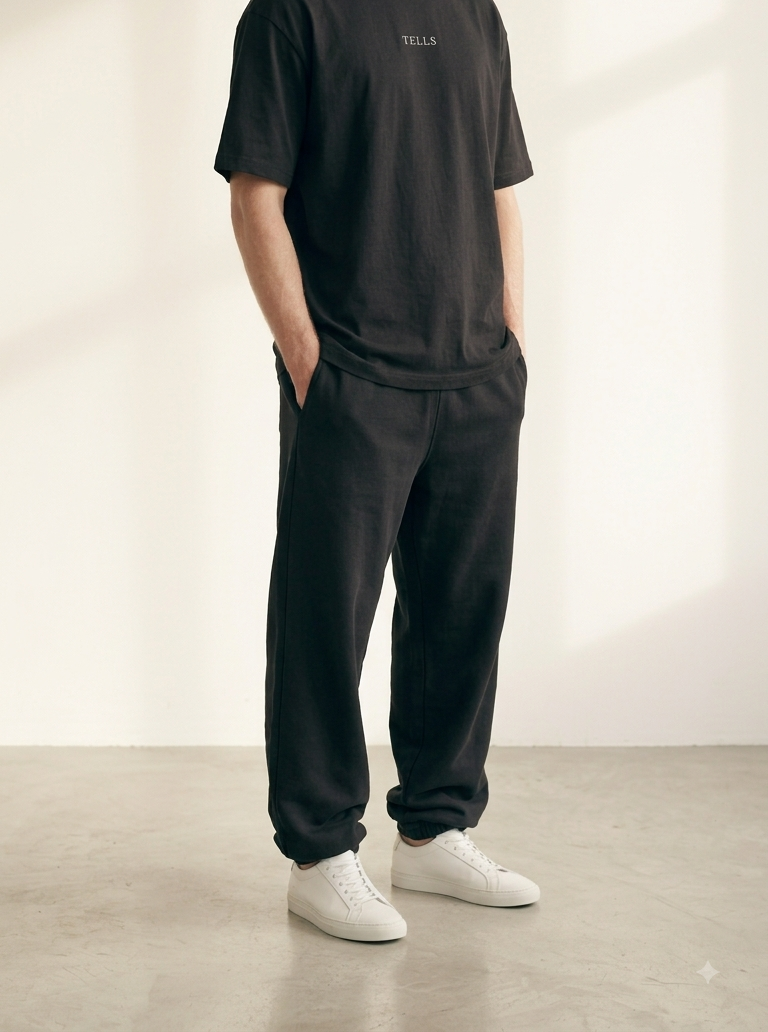 TELLS Embroidered Oversized Black T-Shirt — cropped below face