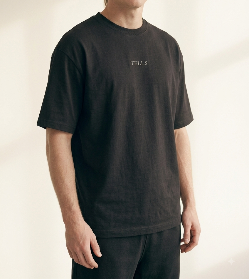 TELLS Embroidered Oversized Black T-Shirt — cropped below face