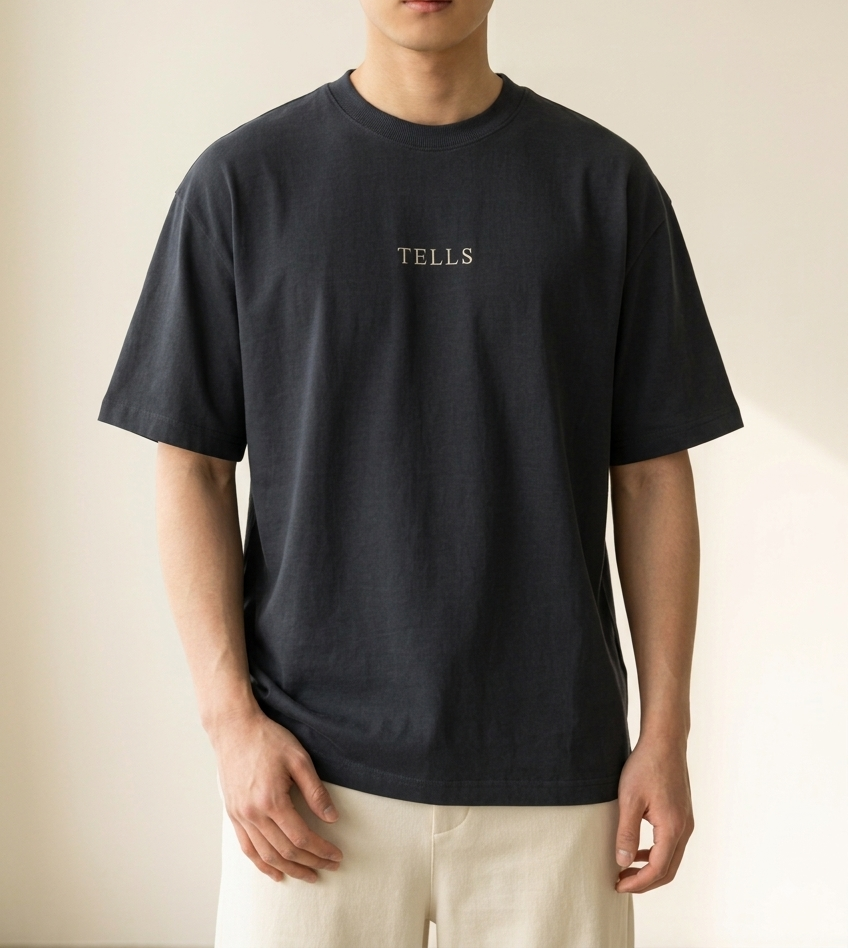 TELLS Embroidered Oversized Navy Blazer T-Shirt — cropped below face