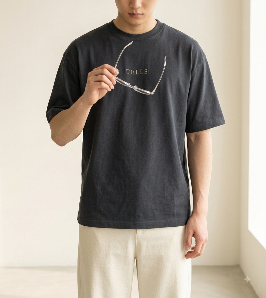 TELLS Embroidered Oversized Navy Blazer T-Shirt — cropped below face
