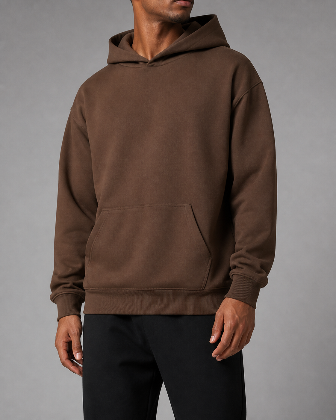 TELLS Still Coffee Hoodie, front studio view
