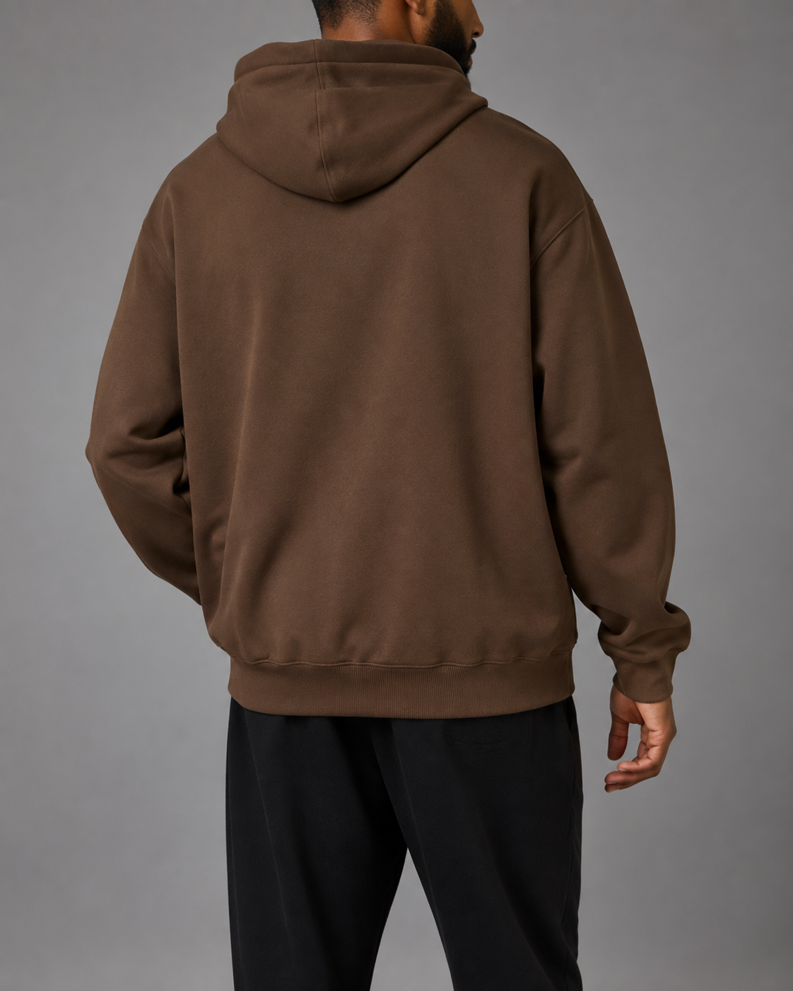 TELLS Still Coffee Hoodie, plain back studio view