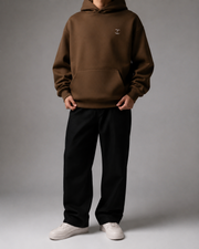 TELLS Signature Coffee Hoodie, full length front studio view