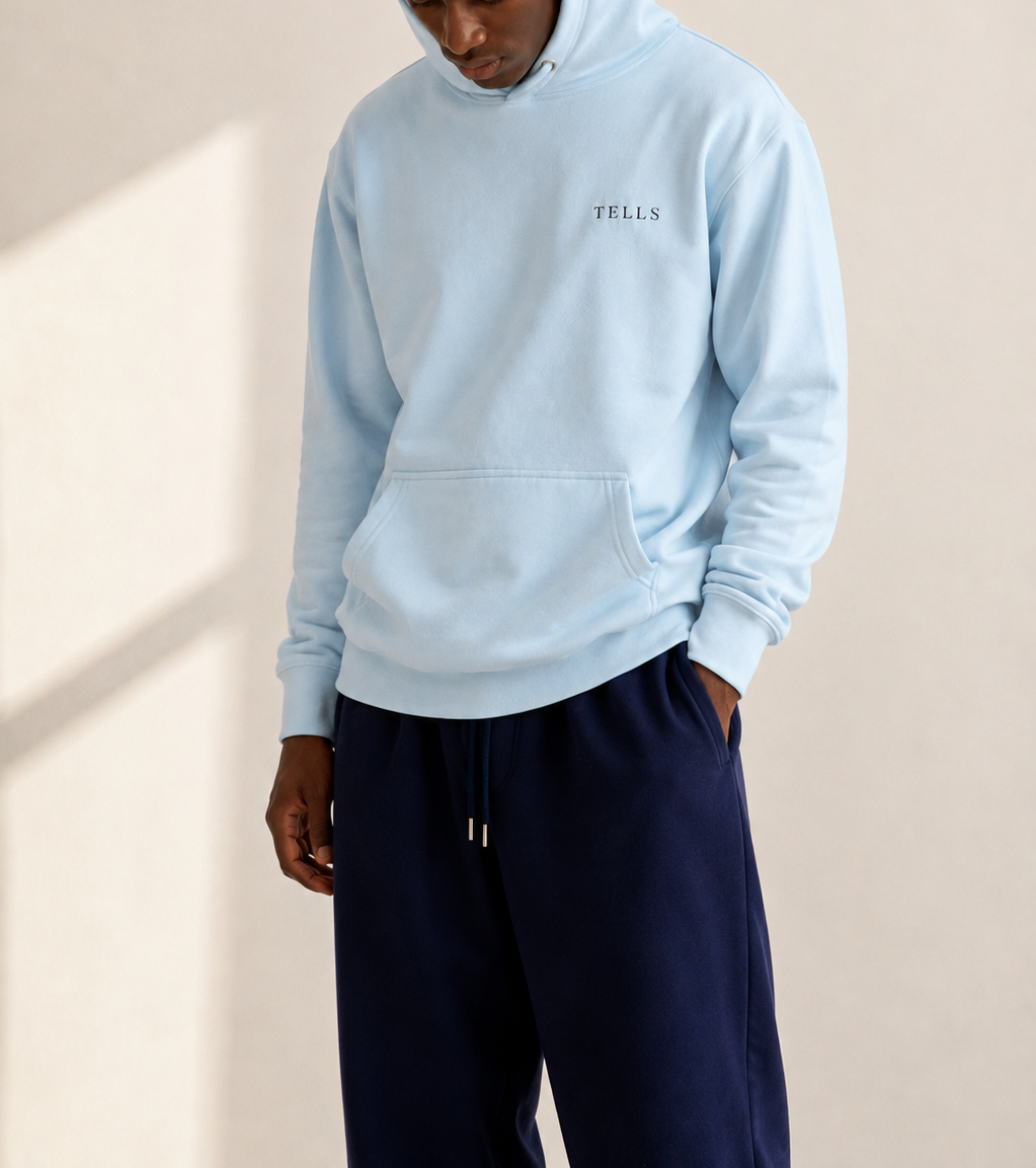 TELLS Premium Pullover Baby Blue Hoodie — cropped below face