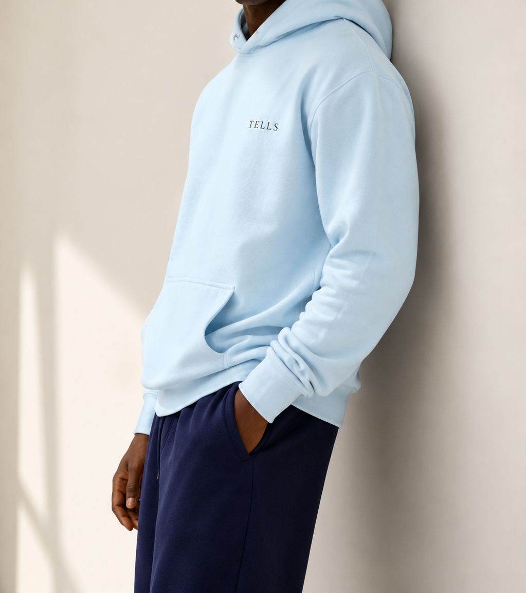 TELLS Premium Pullover Baby Blue Hoodie — cropped below face