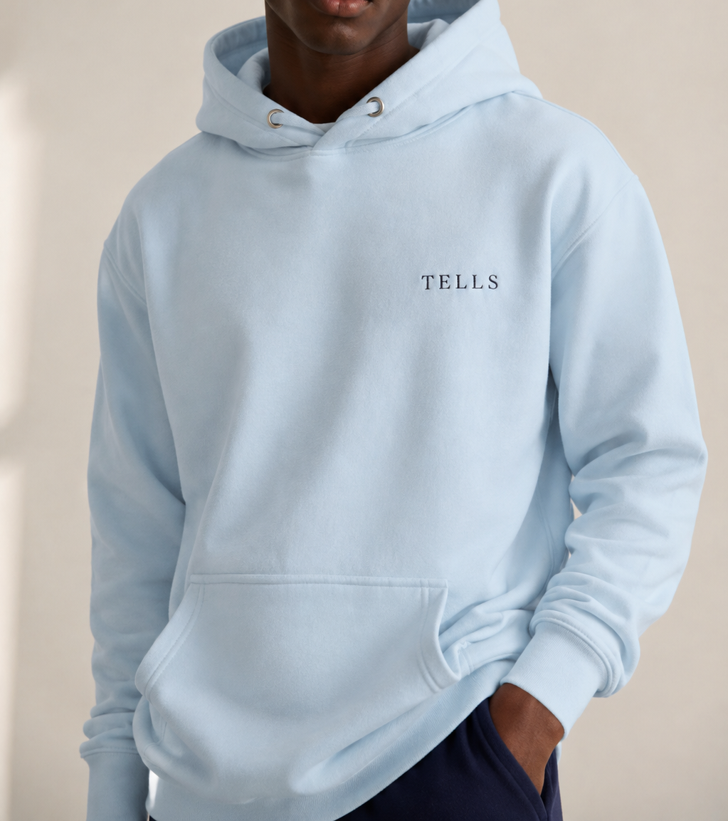 TELLS Premium Pullover Baby Blue Hoodie — cropped below face