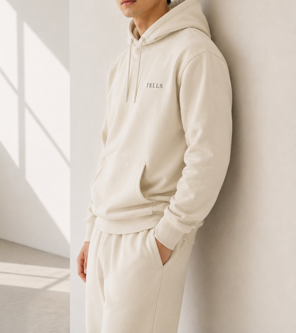 TELLS Premium Pullover Beige Hoodie — cropped below face