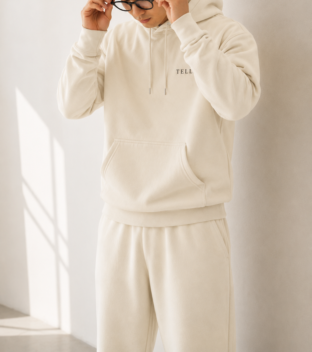 TELLS Premium Pullover Beige Hoodie — cropped below face