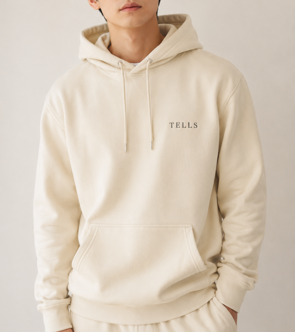 TELLS Premium Pullover Beige Hoodie — cropped below face