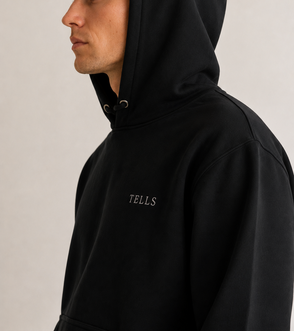 TELLS Premium Pullover Black Hoodie — cropped below face