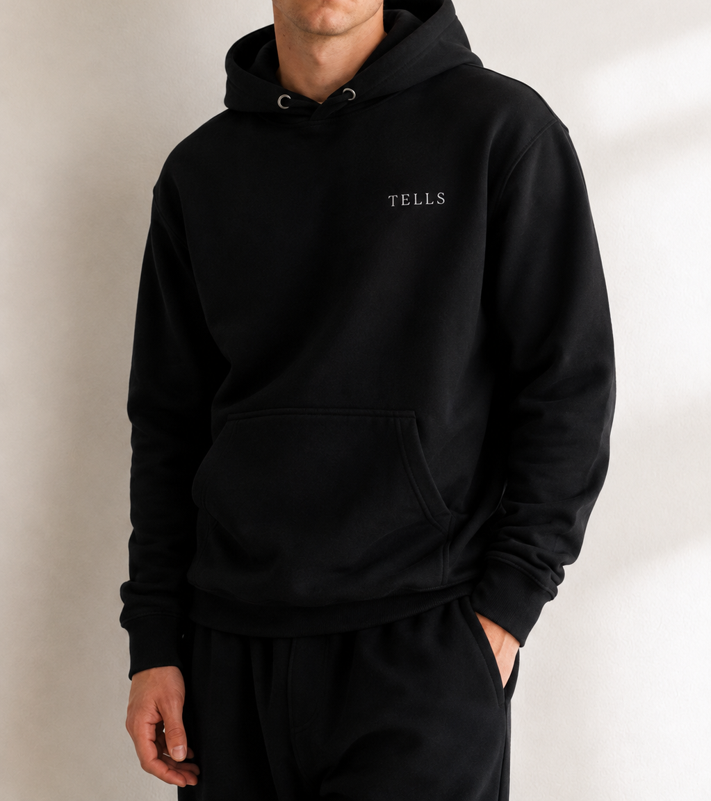 TELLS Premium Pullover Black Hoodie — cropped below face