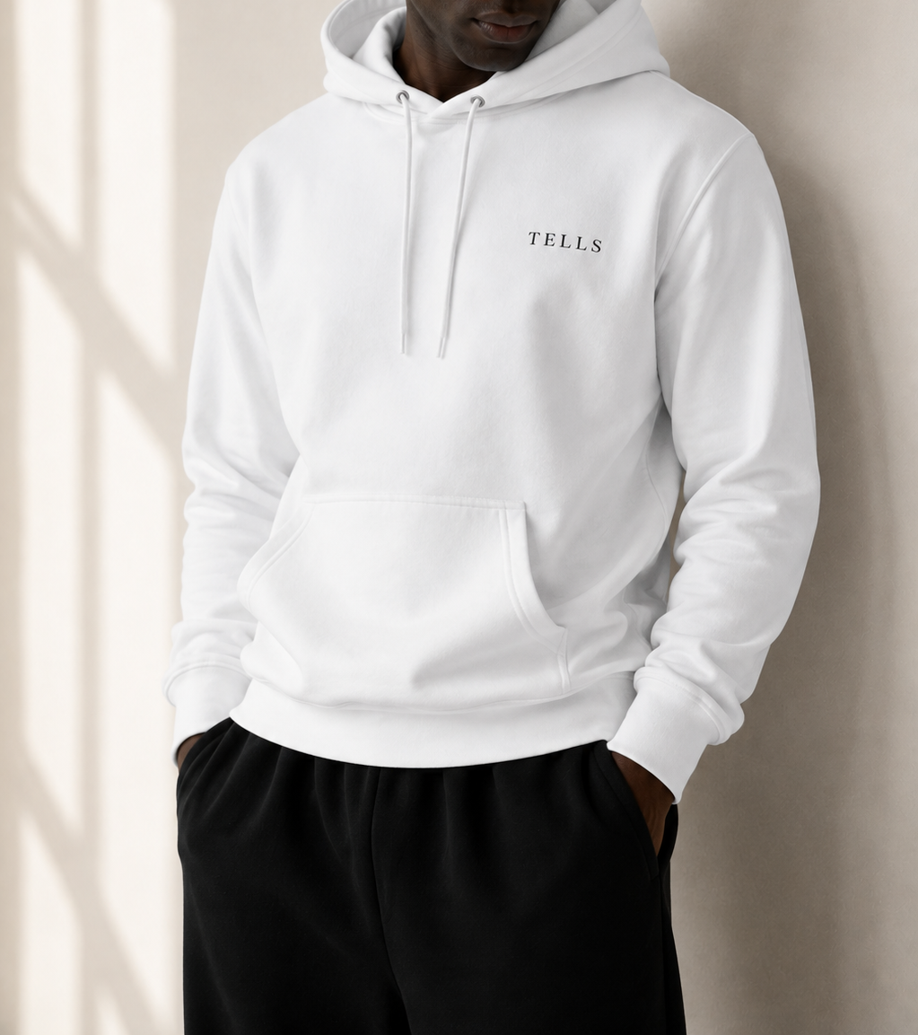TELLS Premium Pullover White Hoodie — cropped below face