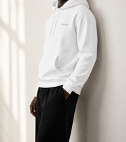 TELLS Premium Pullover White Hoodie — cropped below face