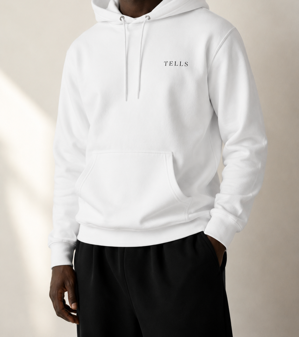 TELLS Premium Pullover White Hoodie — cropped below face