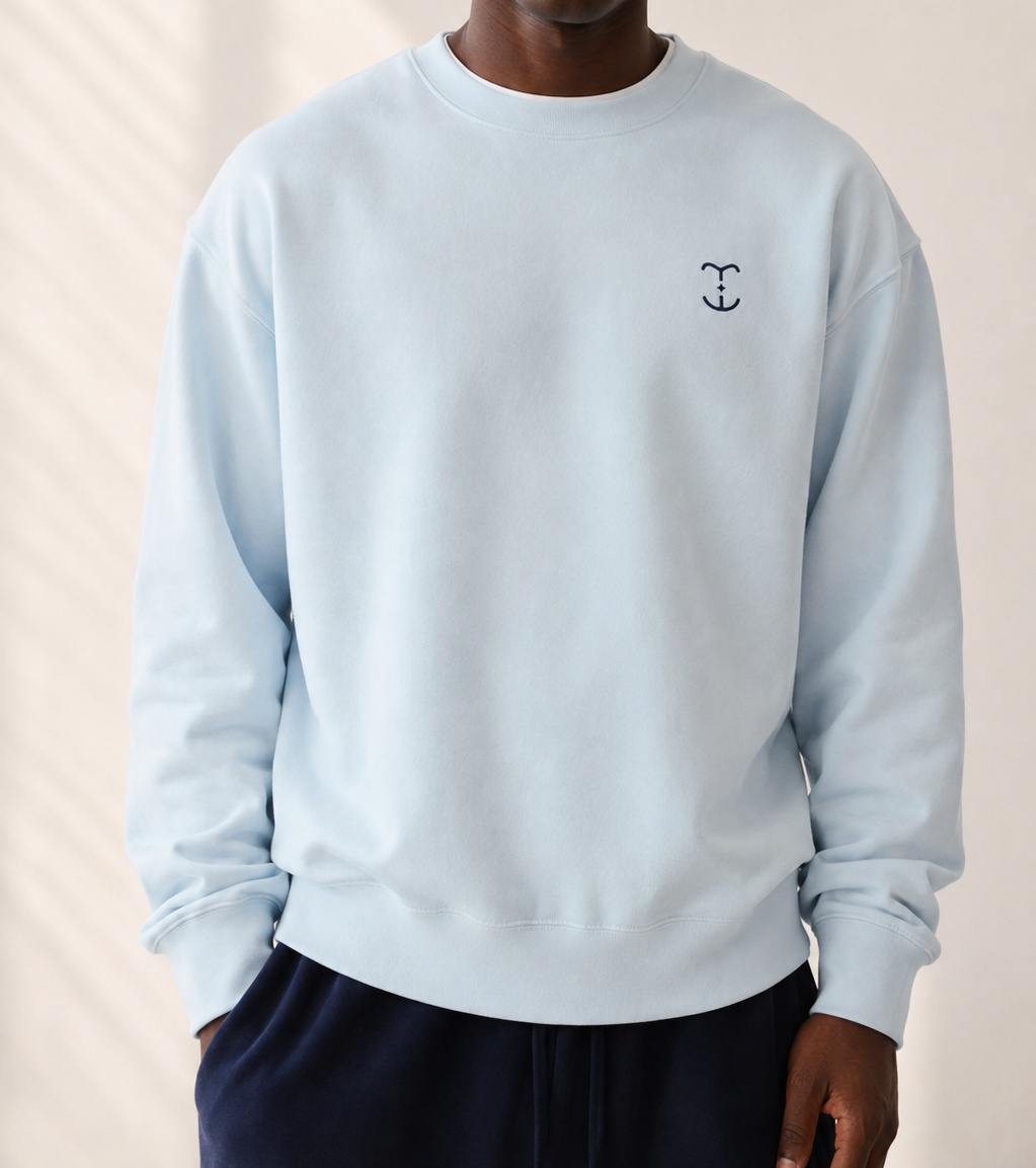 TELLS Signature Mark Baby Blue Sweatshirt — cropped below face