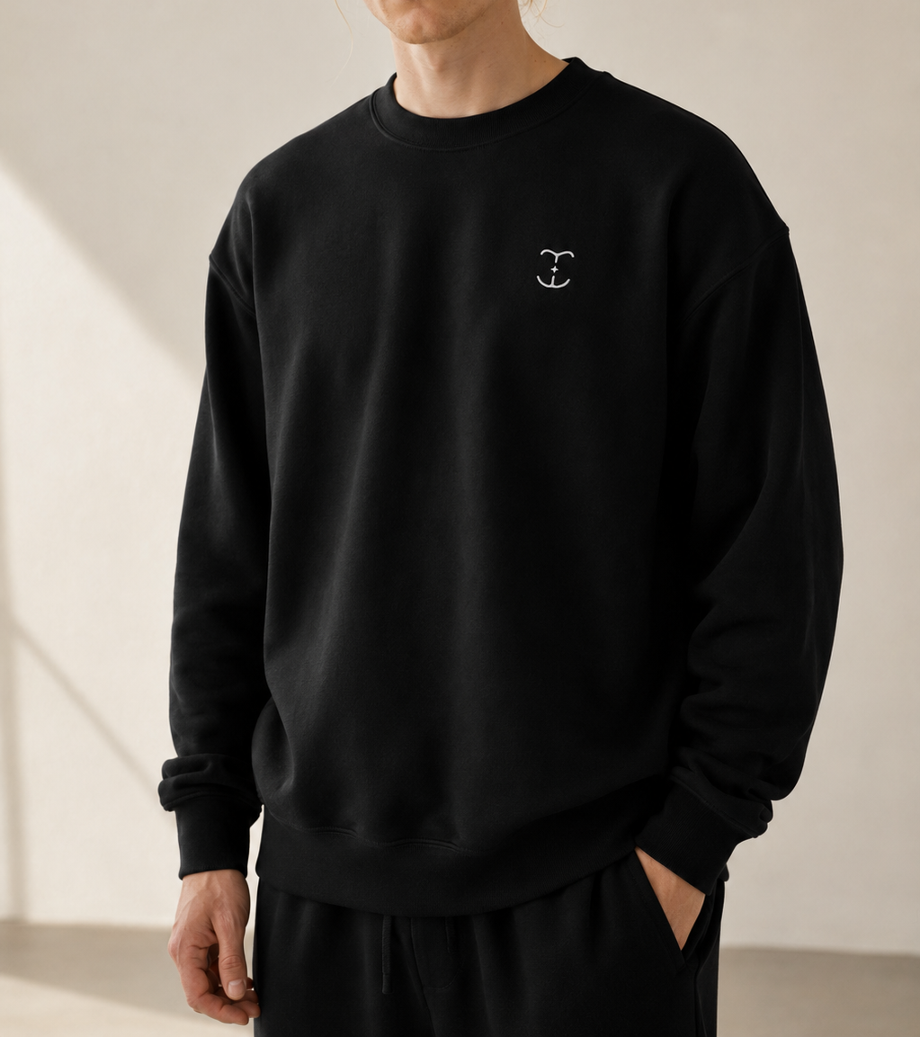 TELLS Signature Mark Black Sweatshirt — cropped below face